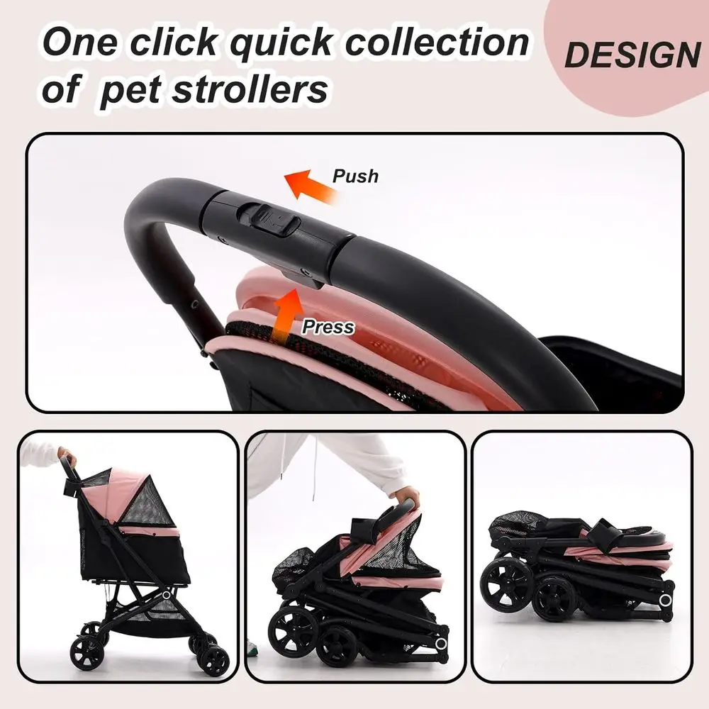 عربة أطفال للحيوانات الأليفة قابلة للطي بأربعة عجلات للكلاب والقطط بوزن 10-36 رطل مع مساحة تخزين، وحامل أكواب، شبكي، لجميع المواسم - وردي #5