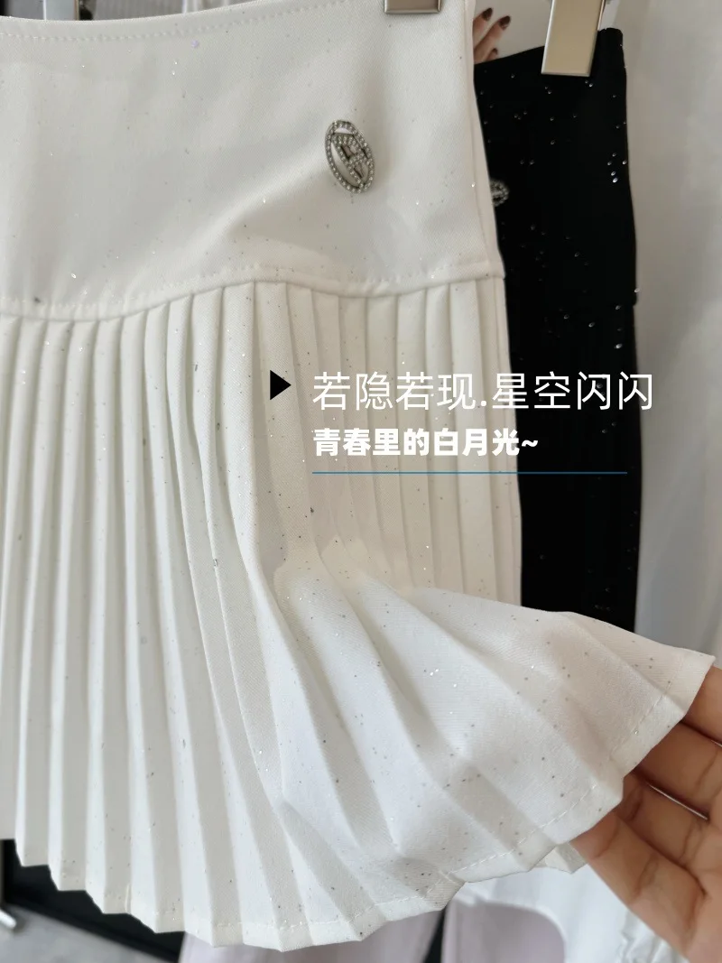 Koreaanse stijl korte geplooide rokken dames zomer nieuwe hoge taille slanke temperament pailletten rok zachte elegante glanzende rokken