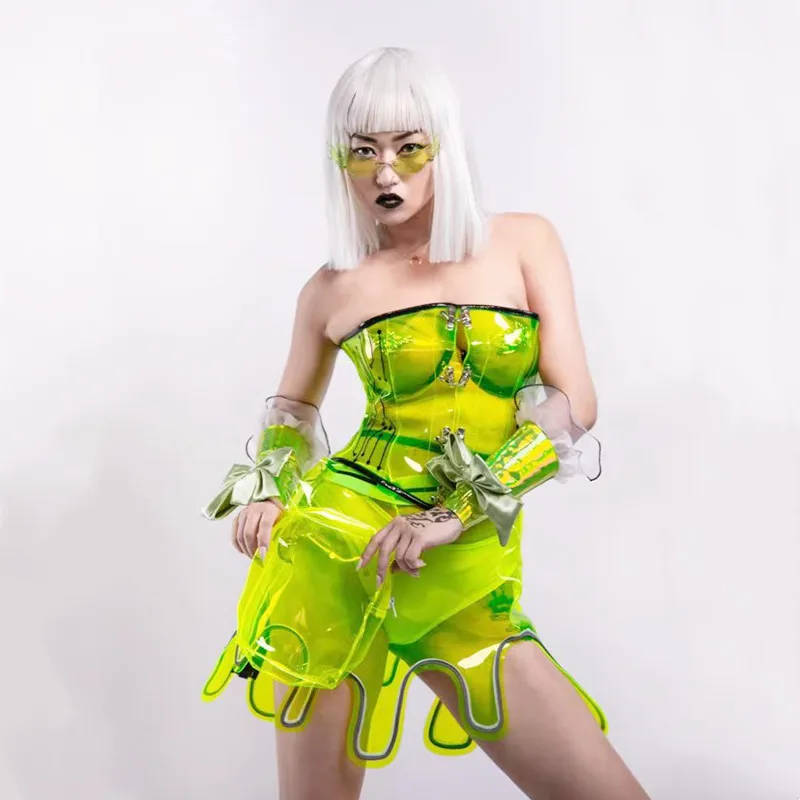 

Fluorescent Green Sexy Transparent Dance Costume Bar Nightclub Women Punk Singer Concert Performance Clothes Gogo Stage Wear