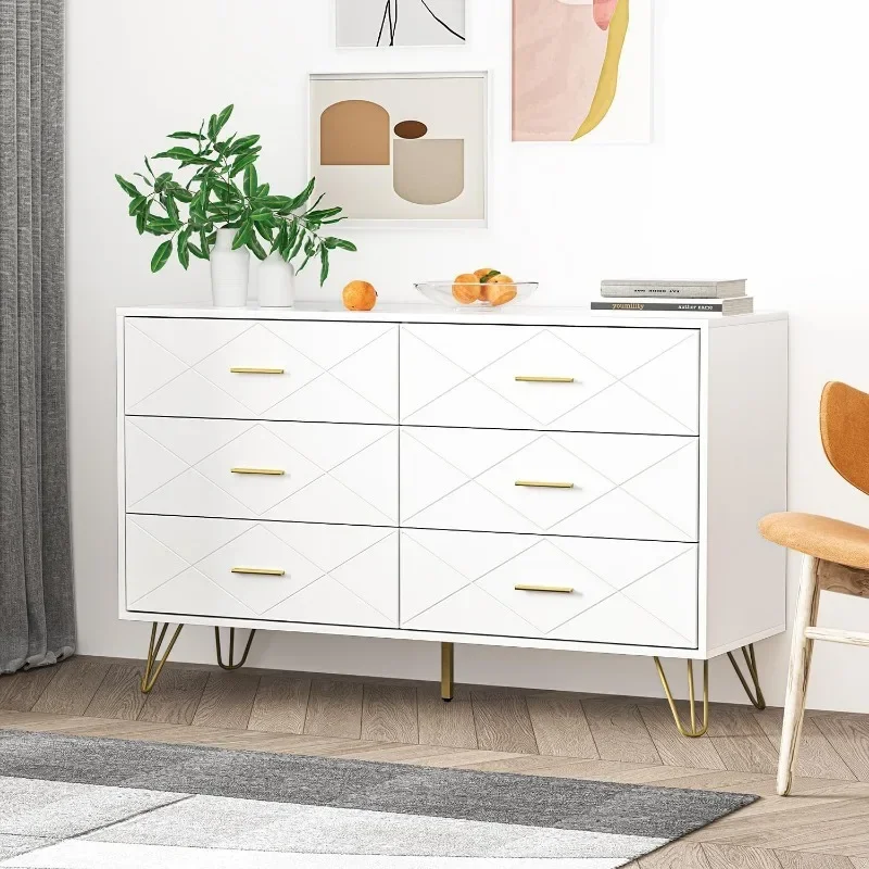 Dresser for Bedroom, Dresser with 6 Deep Drawers, Wide Chest of Drawers w/Gold Handles for Living Room, 15.7"D x 47.2"W x 29.5"H