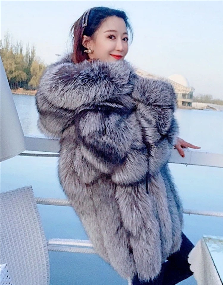 Winter Women Real Silver Fox Fur Coat Long Genuine Fur Jacket Luxury Natural Fur Streetwear Hooded Plush