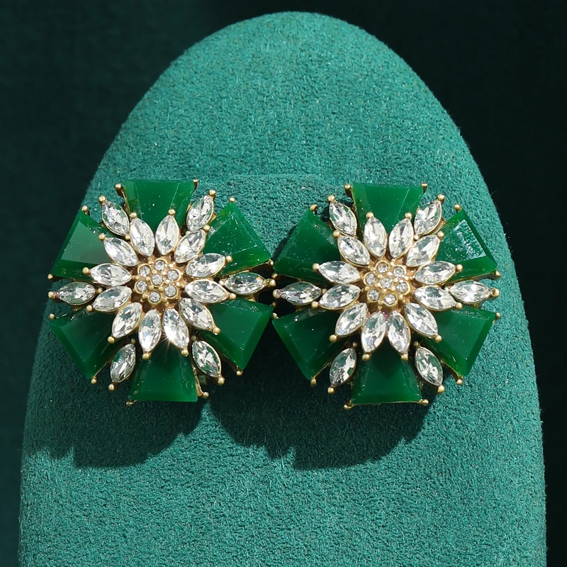 

Vintage Crystal Green Flower Stud Earrings Cubic Zircon Women 2026 Luxury Gold Plated Jewelry Evening Dress Trends Accessories