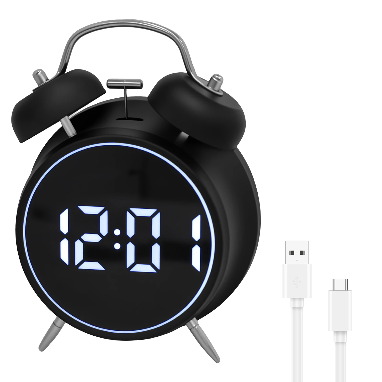 Digital Twin Bell Loud Alarm Clock Metal Frame 3D Dial with Backlight Battery Operate Desk Table Alarm Clock For Home and Office
