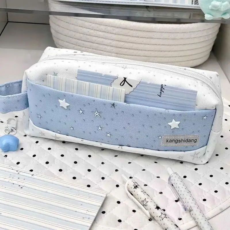 Fashion Polka Dot Stars Handheld Pencil Case Portable Large Capacity Storage Pen Bag Student School Office Stationery
