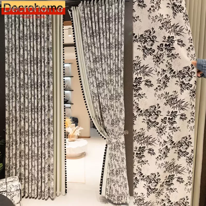 

Custom Plant Jacquard Chenille Black and White Stitching Thickened Curtains for Living Room Bedroom French Window Balcony Window