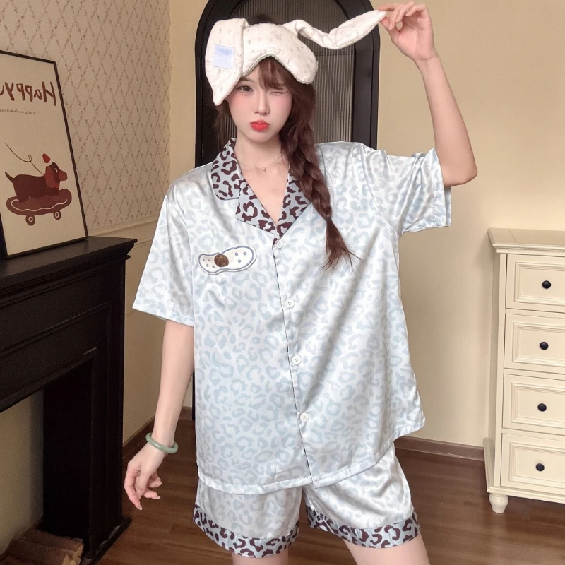 Summer Fashion Ice Silk Short Sleeve Shorts Set Two Piece Home Clothes Set Korean Sweet Style Leopard Print Pajamas for Women