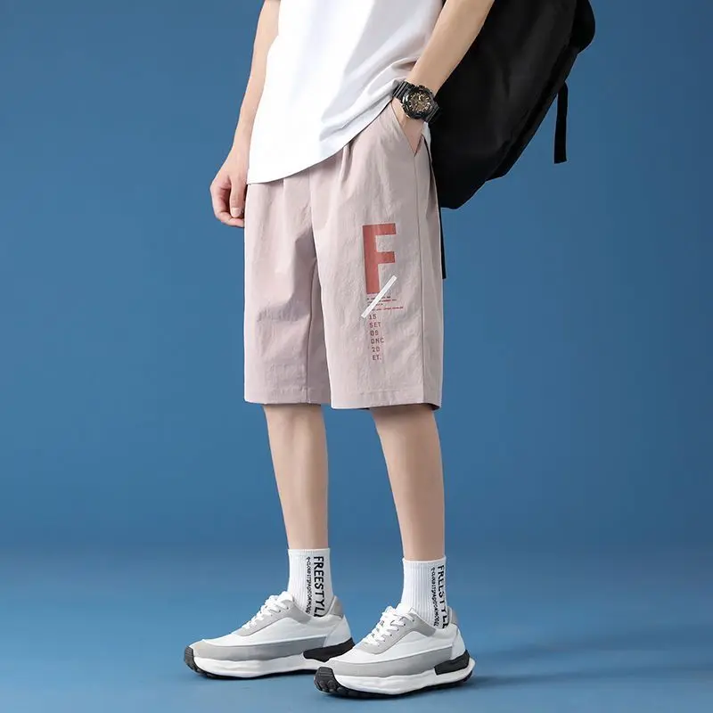 Summer Fashion Korean Casual Sports Shorts Loose Straight Men Elastic Waist Pocket Streetwear Quick Drying Wide Leg Short Pants