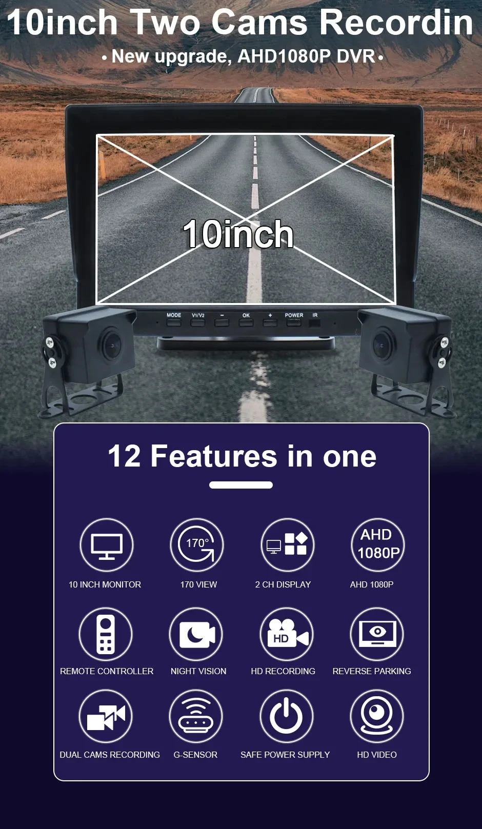 AHD 1920x1080P 10 Inch IPS Screen 2CH Car Monitor Recording DVR 1080P IR Night Vision Vehicle Camera Truck Bus Trailer Pickups