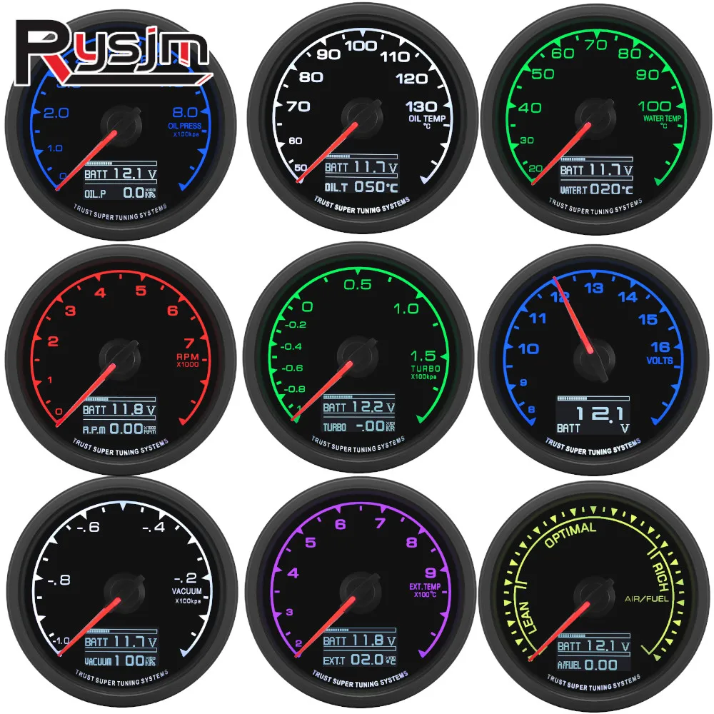 62MM Car Meter With Sensor Car Turbo Boost Gauge Oil Press Water Temperature Oil Temp RPM Meter Volt Voltmeter Vacuum Ail/Fuel