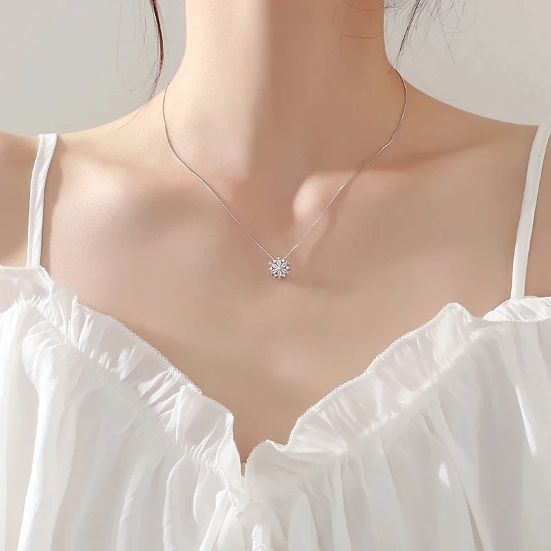 925 Sterling Silver Snow Flower Shape Zircon Pendant Necklace For Women Jewelry Cute Accessories Gifts