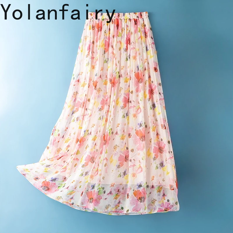YOLANFAIRY Fashion 100% Real Mulberry Silk Skirts for Women Summer Elegant Floral Skirt Woman Clothing Elastic Waist Long Skirts