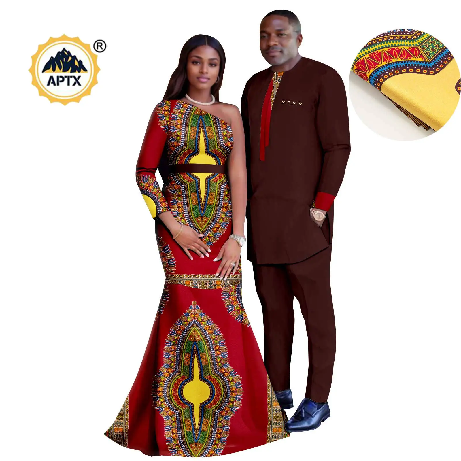 

African Shining Print Dresses for Women Matching Couple Outfits Dashiki Men Top Shirt and Pant Sets Bazin Wedding Outwear 24C034