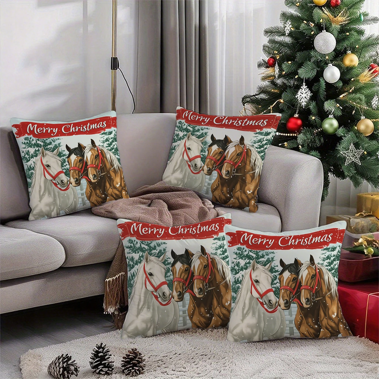 Merry Christmas Horse Pillow Cover Pattern Cushion Cover Suitable for Sofa Bedroom Car Pillow Cover