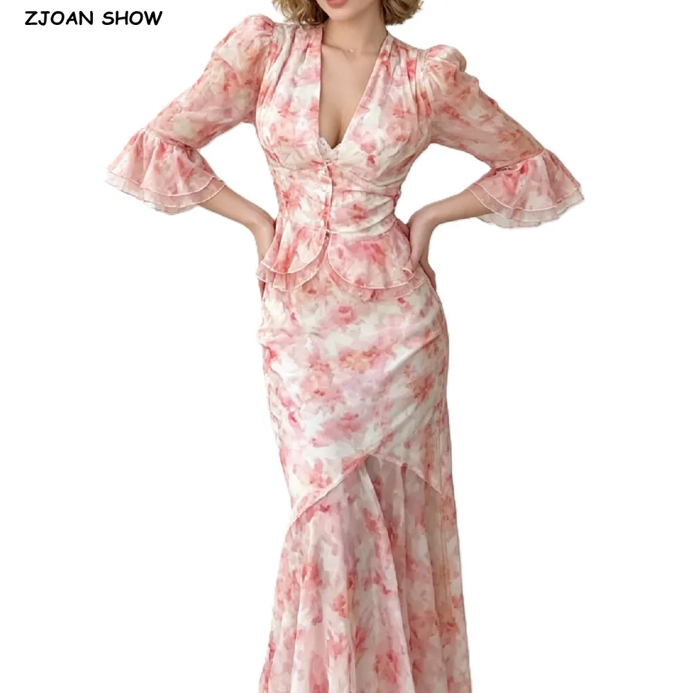 Fashion Women Pink Flower Print Puff Sleeve Flare Cuff Crop Shirt + Zipper Waist Package Hips Mermaid Skirt Suits 2 Pieces 1 Set