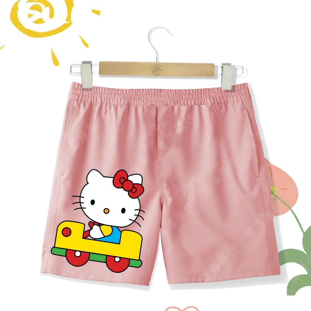 Sanrio Cartoon Hello Kitty Kids Casual Pink Shorts Cute Pop Print Summer Boys Girls Sports Beach Pants Shorts