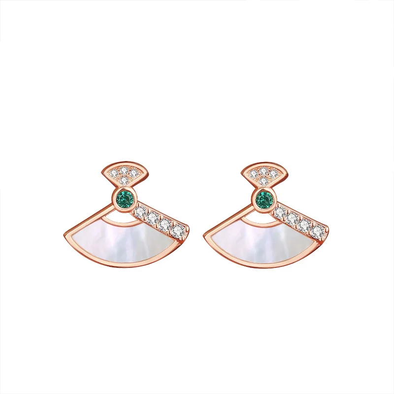 RYJ 925 Sterling Silver Fan Shaped Enamel Stud Earrings for Women Sparkling Emerald Earring Dainty Trendy Chinese Style Jewelry