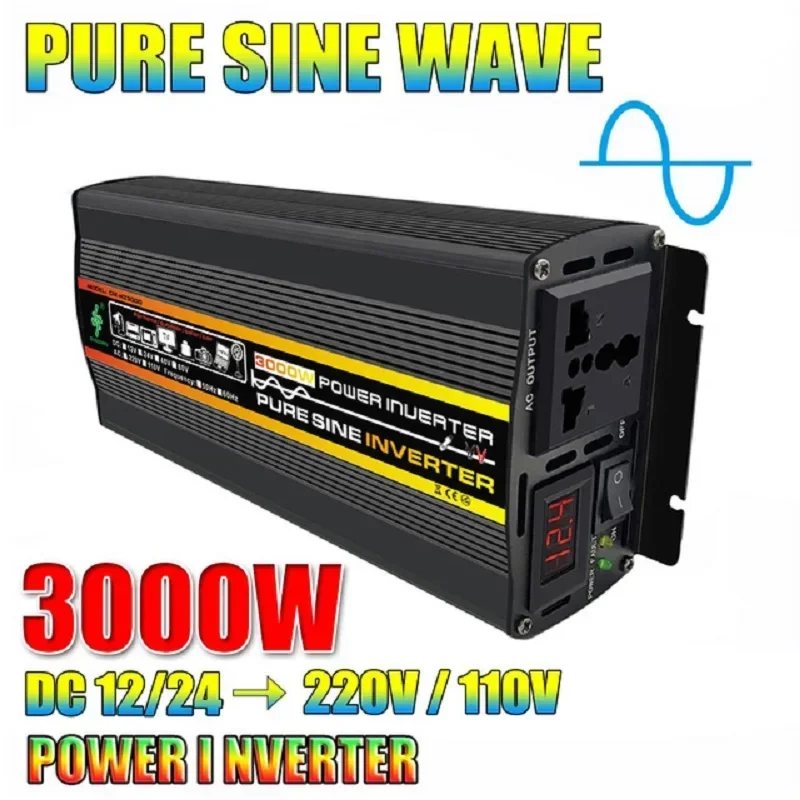 3000W Pure Sine Wave Inverter Car Power Inverter Solar Inverter DC 12V/24/48V/60V to AC 220V Household Outdoor