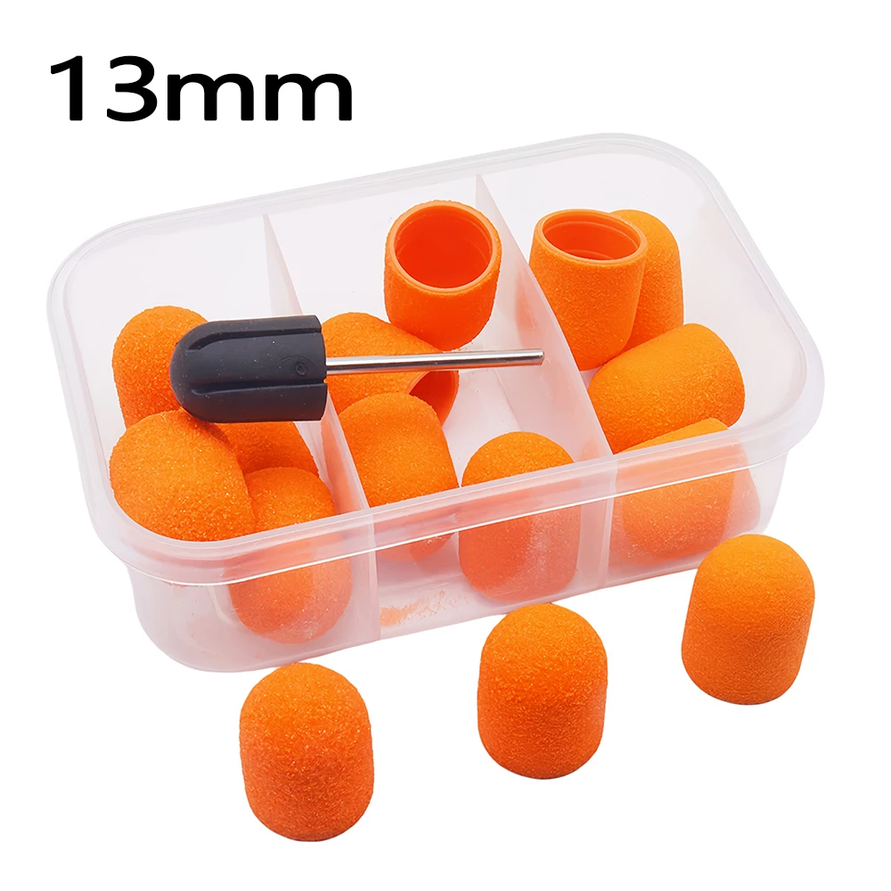 15pcs 13mm Nail Sanding Caps with 1pc Mandrel for Foot File Remover Manicure Pedicure Nail Polishing Burr Home Salon Use