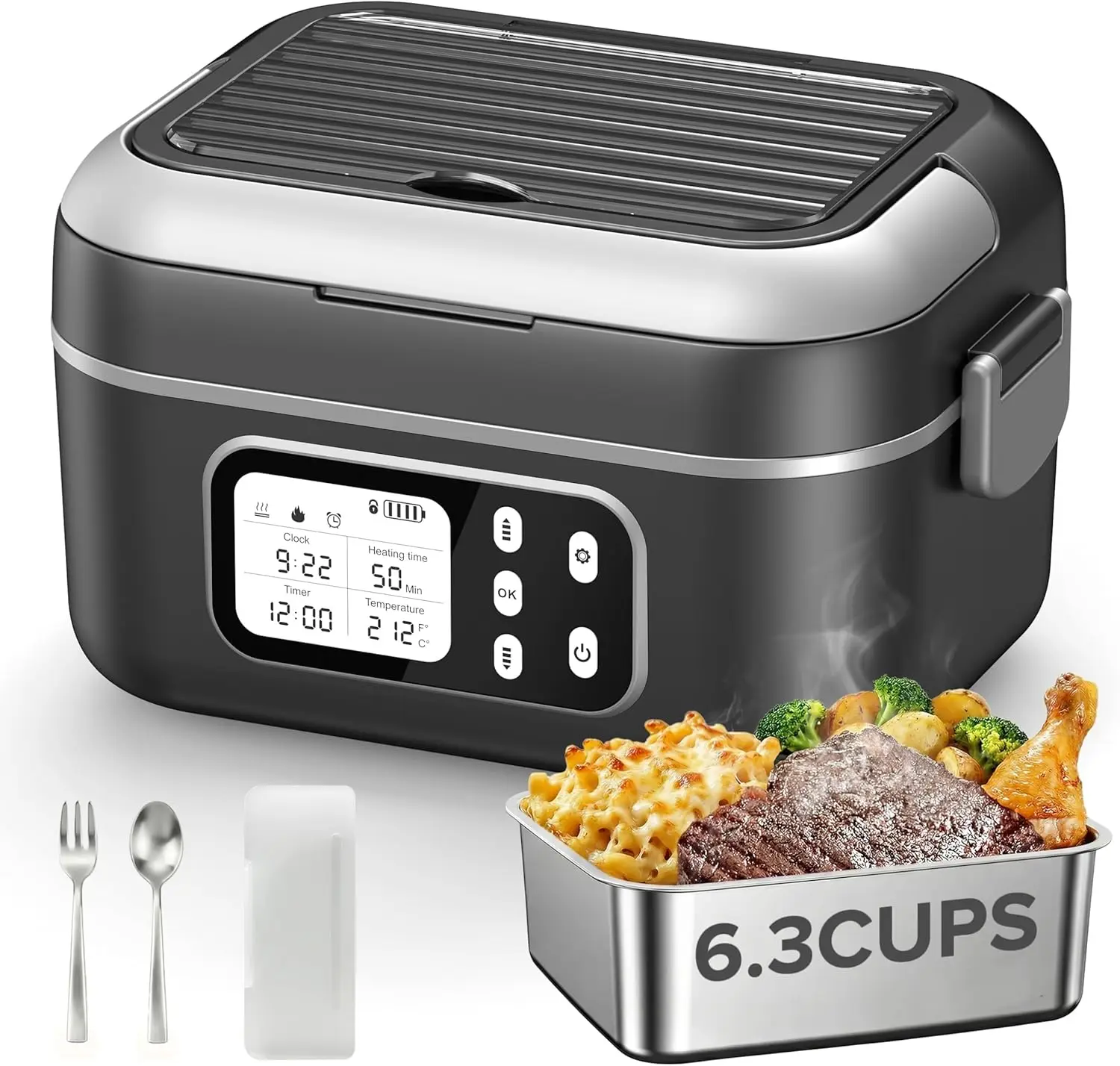 

1.5L Cordless Electric Lunch Box, 27000mAh Heated Lunch Box with Automatic Heating, 6.3 Cups Portable Food Warmer with Removable Divider for Truck Office Travel