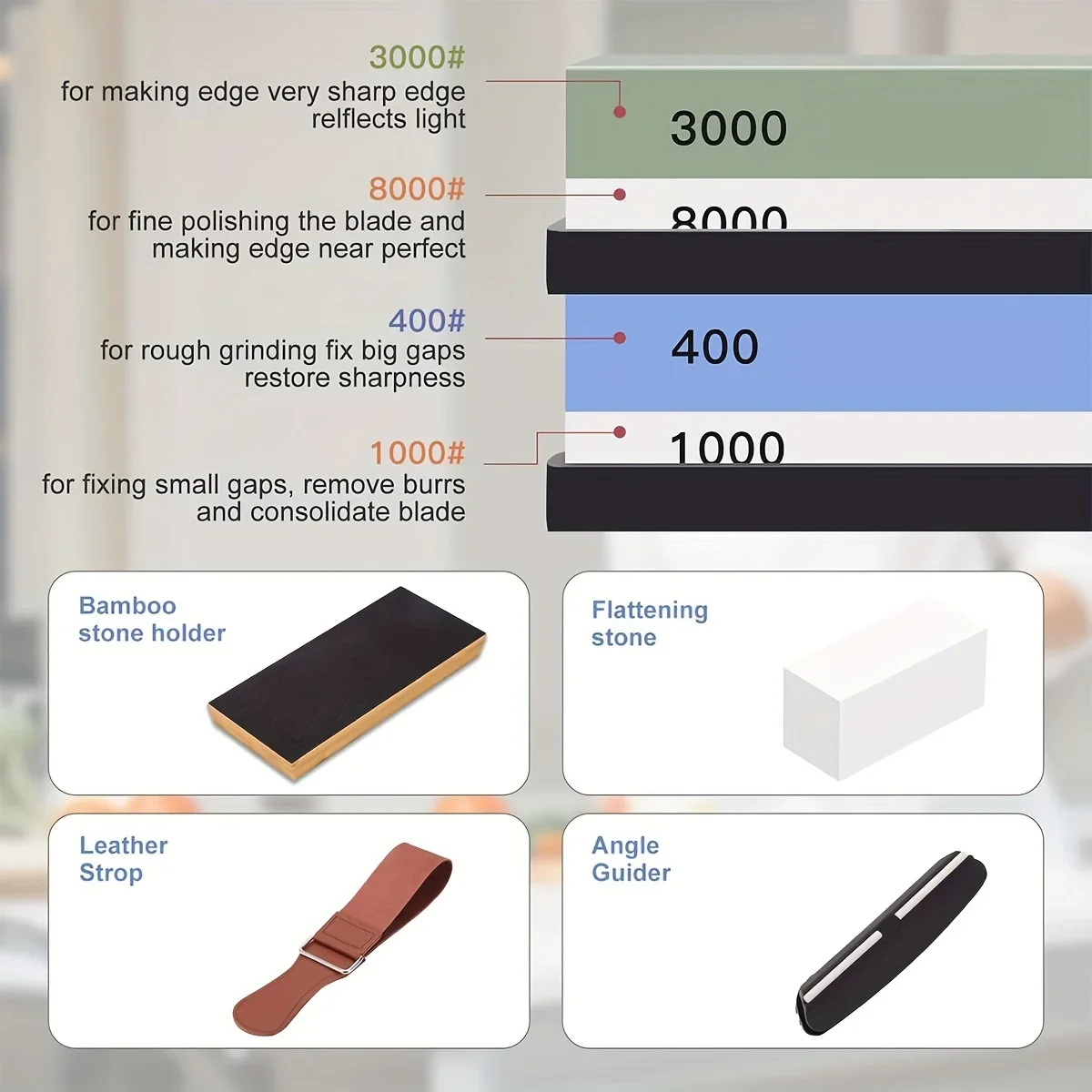 Sharpening Stone Whetstone Set 4 Side Grit 400/1000 3000/8000, Premium Whetstone Knife Sharpener, Knife Sharpening Stone Kit