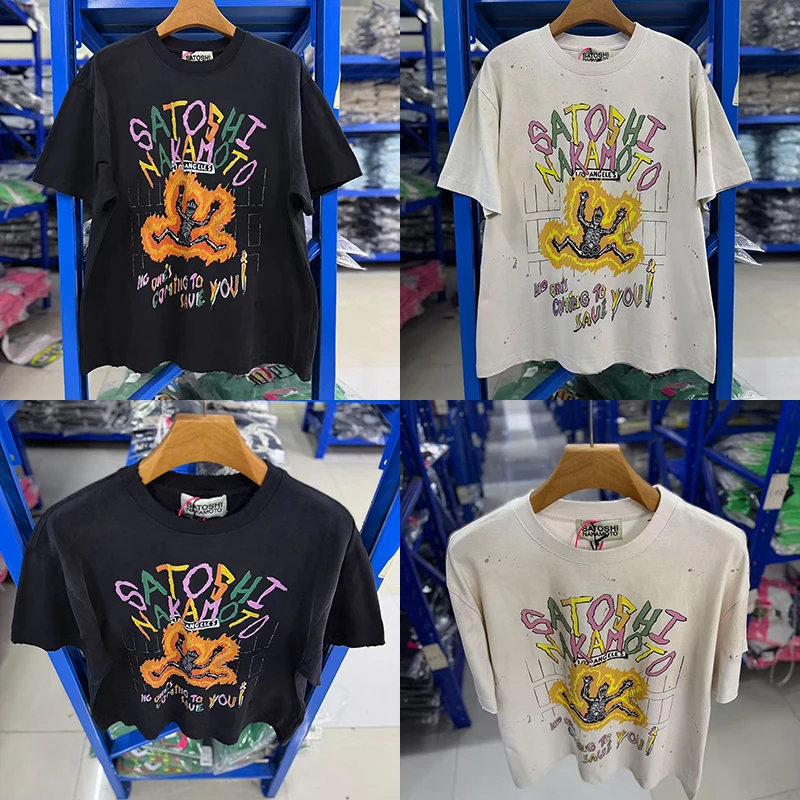 SATOSHI T-Shirt American Casual Flame Skull Graffiti Washed Distressed Cotton Men Women Short Sleeve