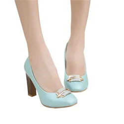 Block High Heels Women Elegant Fashion Metal Decorations Rhinestone Square Toe Party Dress Wedding Pumps Shoes Big Size 45 T711