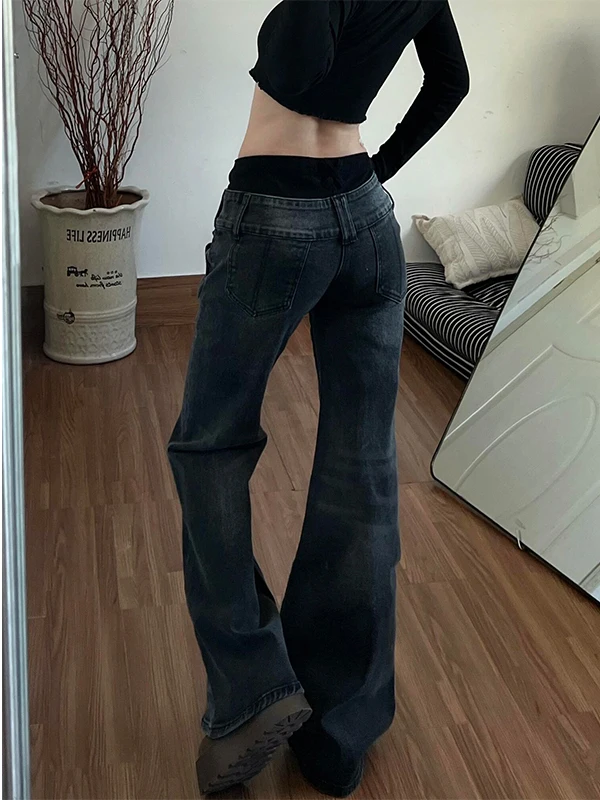 YJKDYK American Retro Low Waisted Jeans for Women's New Style Loose and Personalized Spicy Girl Design Washed Micro Flared Pants