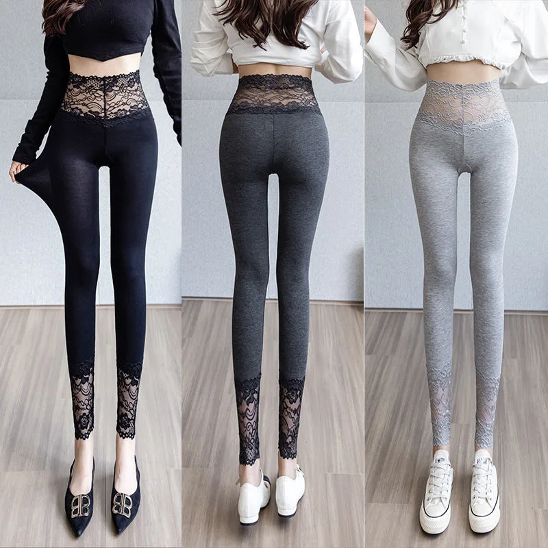 High Waist Slimming Lace Leggings plus Size Thin Fit Autumn Pants Nine Point Large Code Small Foot Pants Women's Base Layer P...