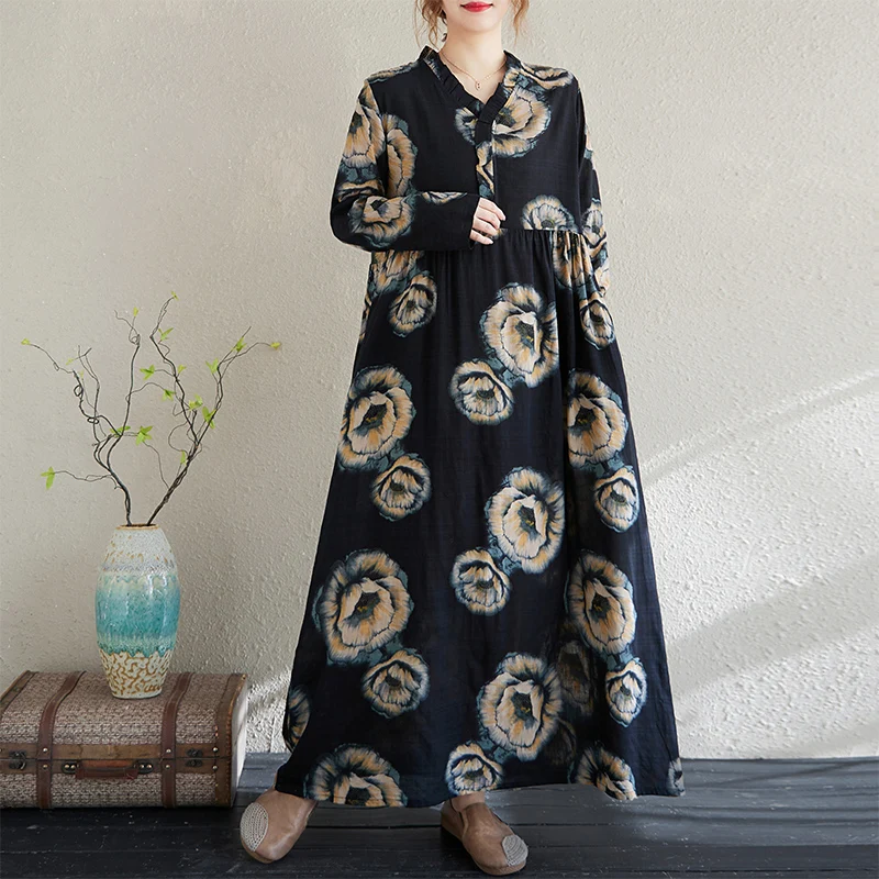 NYFS 2025 ربيع وصيف جديد خمر القطن الكتان فستان طويل فضفاض طباعة كم طويل فستان امرأة رداء Elbise