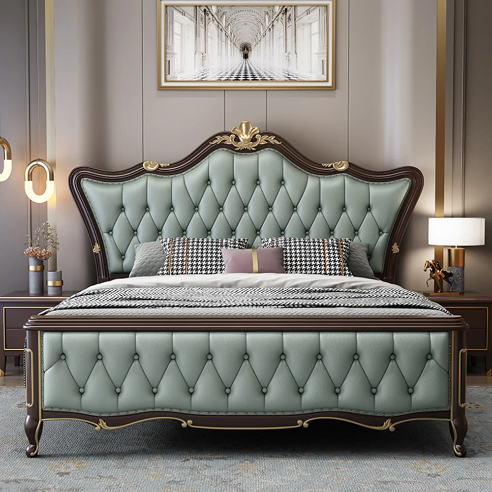 

American Luxury Style Bedroom King Size Bed European Style High Quality Solid Wood Double Bed Soft Headboard Leather Bed
