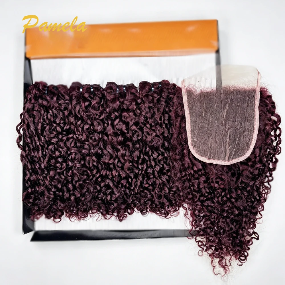 Burmese Curly Human Hair Bundles With 5x5 Closure And 3 Bundles 100% Human Hair Extensions Burgundy Color 13x6 Lace Frontal