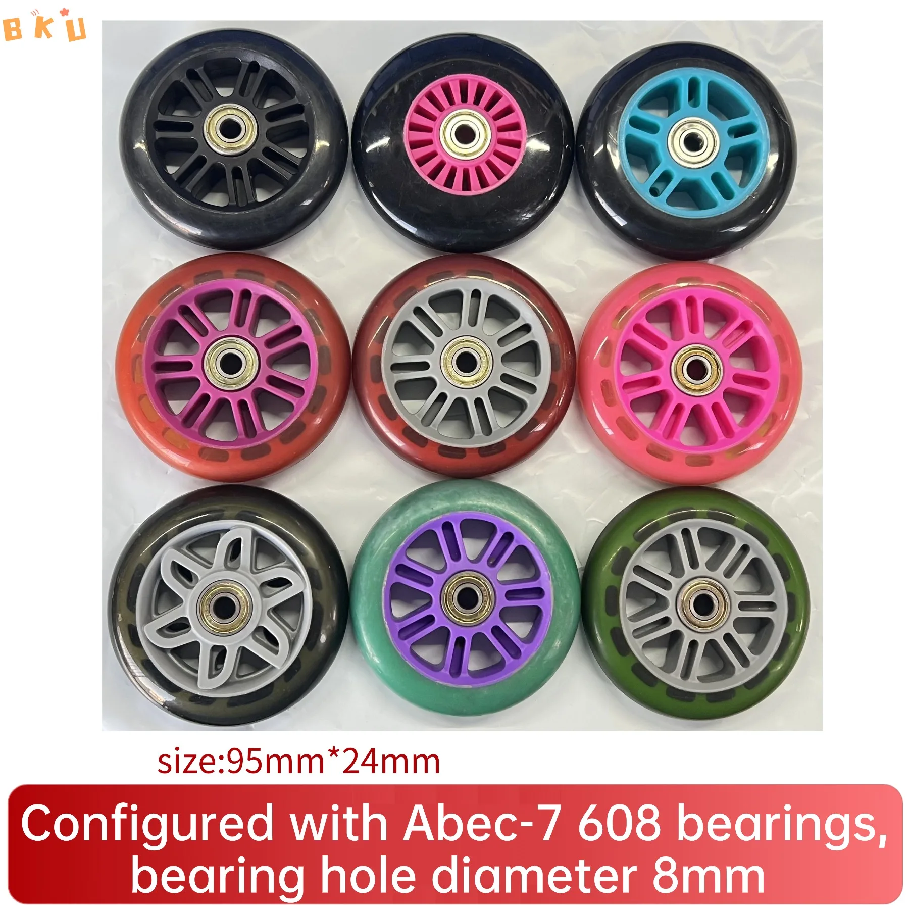 95mm PU Wheels 2-Pack with Bearings - Universal for Inline Skates, Kick Scooters & Strollers