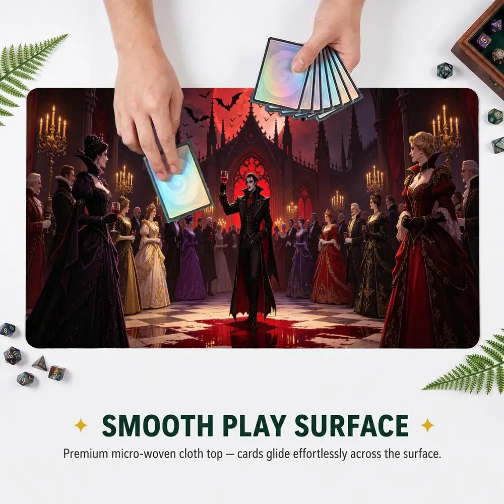 60X35CM Vampire Castle Banquet Red Moon Bats Play mat Non-Slip Rubber Base Stitched Edge Large Table Mat for Card Game