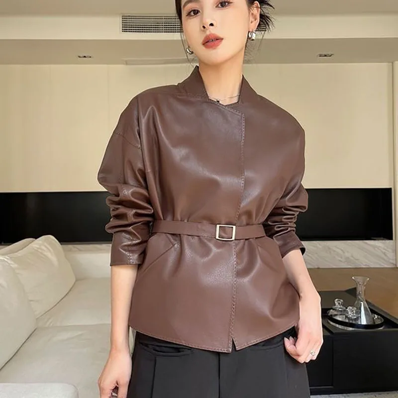 Chaqueta de cuero abrigo femenino Otoño Invierno chaqueta de cuero PU 2025 nueva versión coreana chaquetas de cuero Miss prendas de vestir exteriores cortas para mujer