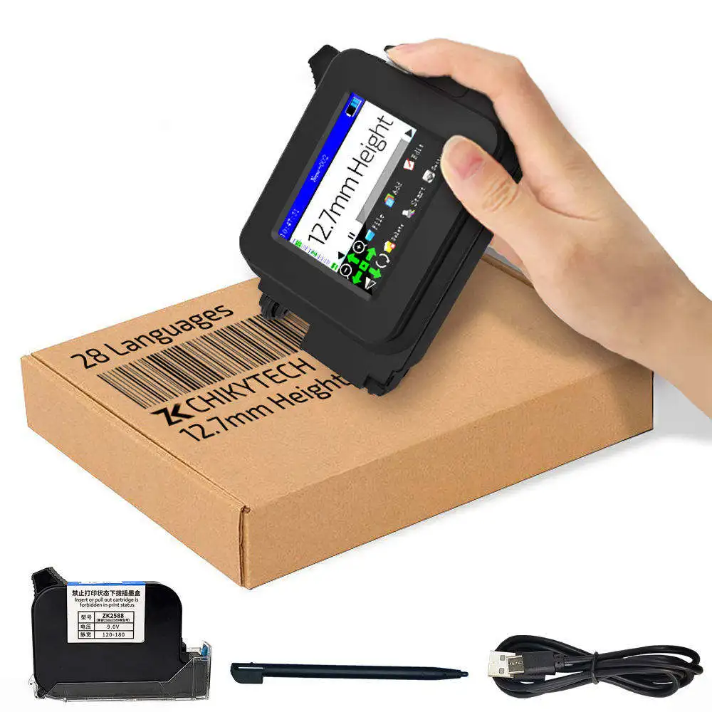 Mini impresora de inyección de tinta portátil TIJ de 12,7mm, barra de fecha de caducidad, código QR, impresión de números de lote en superficie plana