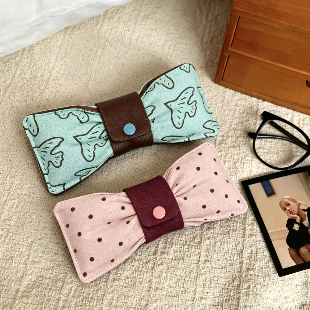 Cute Cartoon Pink Green Bow Snap Button Glasses Case Portable Sunglasses Pouch for Women Cute Travel Eyeglass Storage Bag
