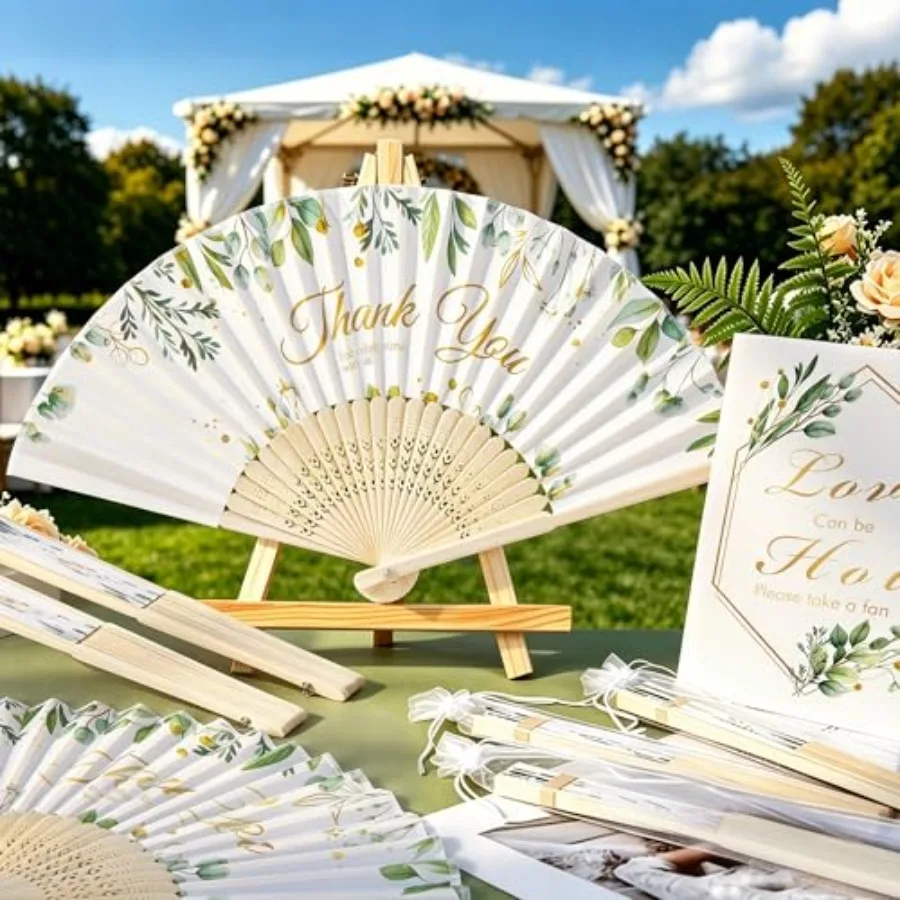 

Aneco 60 Sets Green Leaves Wedding Folding Fans, Bamboo Handheld Folding Fans with Organza Bags Table Sign, Thank You Vintage S