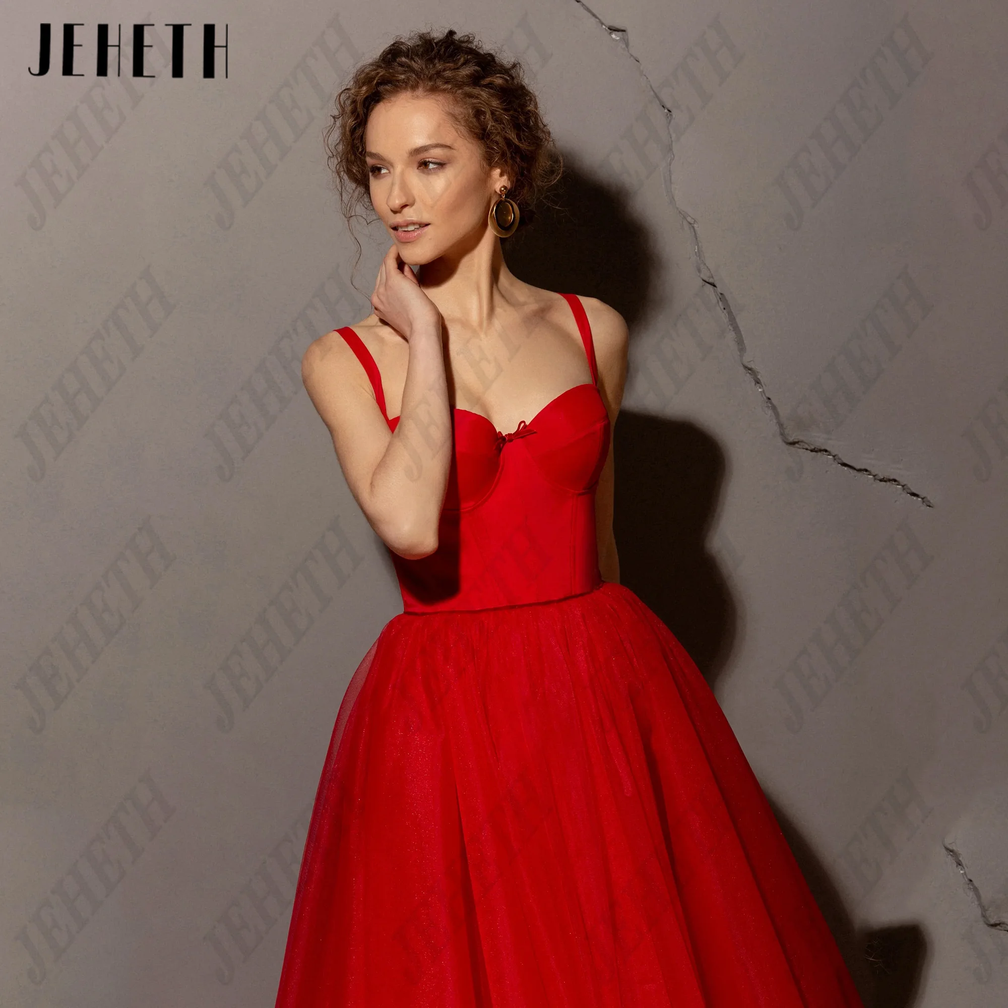 JEHETH Red Sweetheart Midi Prom Dress Spaghetti Straps A Line Tulle Homecoming Party Dress Elegant Evening Dress Customized