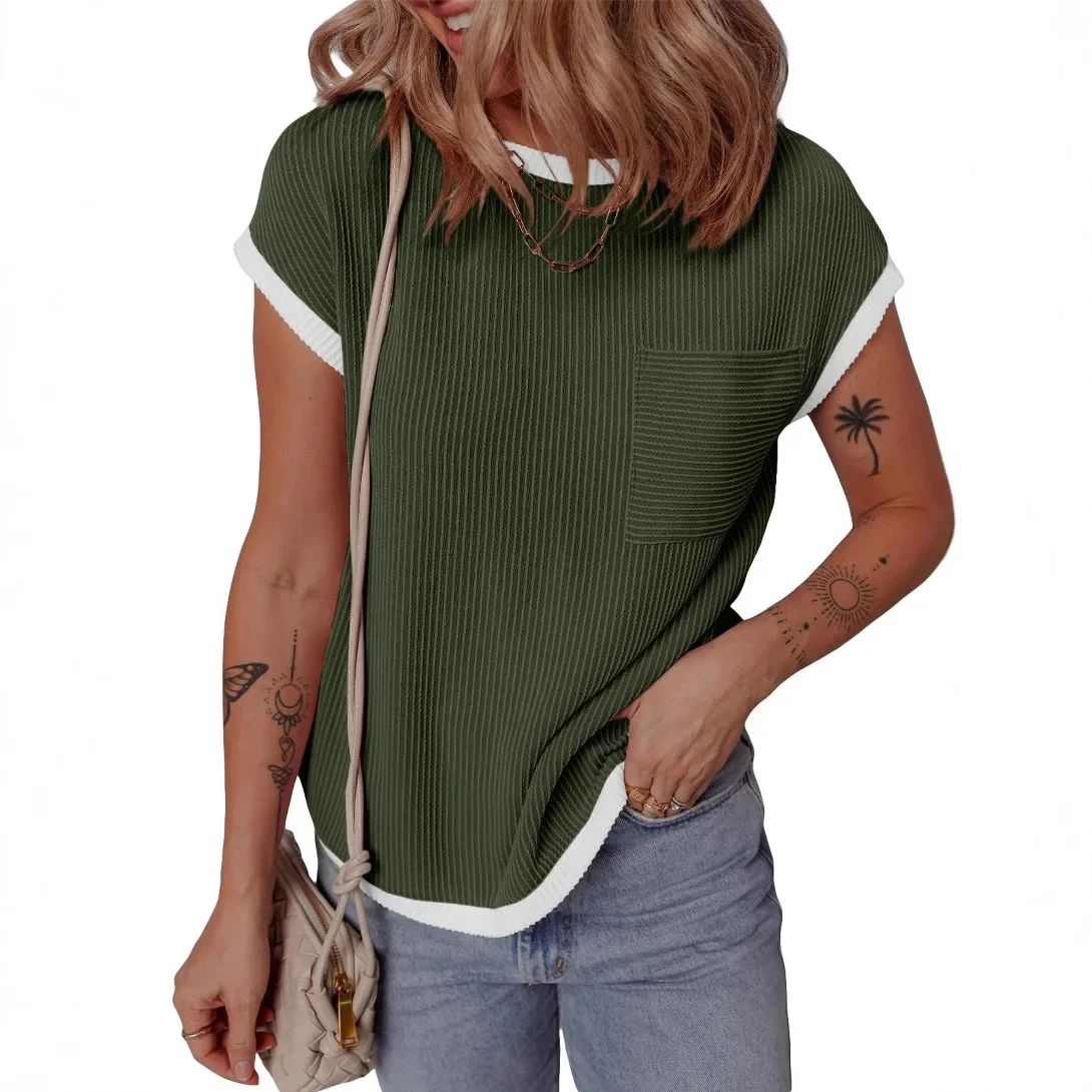 T-shirt da donna a contrasto di colore casual con top a righe intrecciate lavorato a maglia con scollo tondo estivo 2025