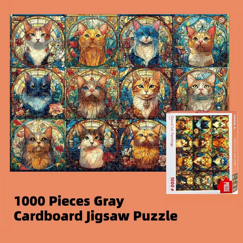 1000 Pieces Gray Cardboard Jigsaw Puzzle, 12 Grids Cat Collection, Finished Size 70×50cm, High Color Reproduction, Holiday Gift
