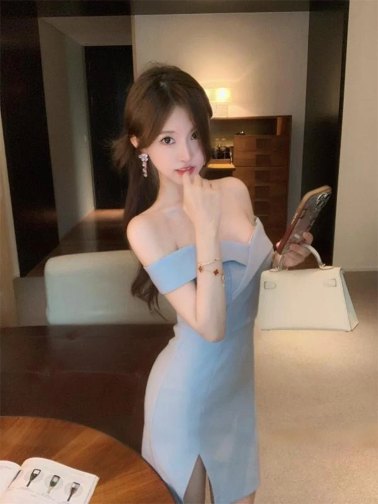 

Syj Shuyijia Sexy One-Shoulder Bodycon Dress for Plump Women Elegant Slimming High Waist Short Skirt Korean Style Commute