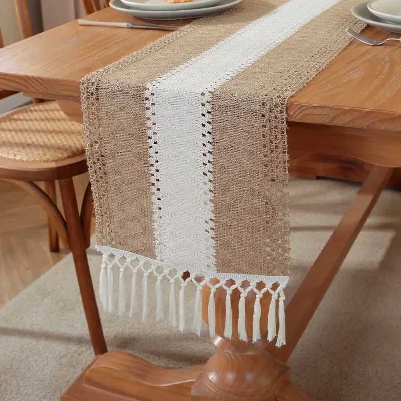 Hand Woven Jute Natural Linen Table Runner with Tassels Rustic Country Wedding Birthday Christmas Decoration for Home tablecloth