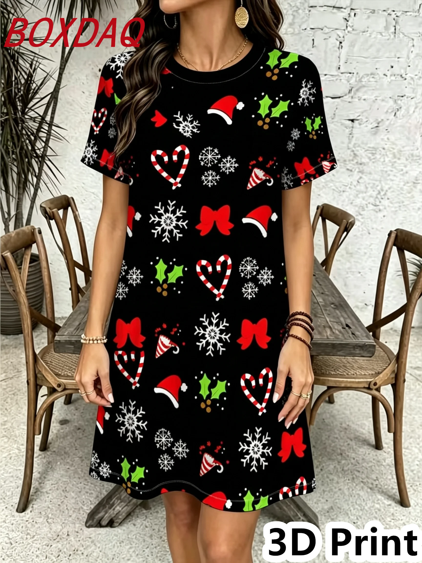 New Spring Summer Christmas Snowman Pattern Women Dress Elegant 3D Print Short Sleeve O-Neck Loose Casual A-Line Dress Christmas