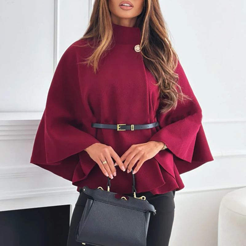 Fashion Single Breasted Swing Cloak with Belt 2024 Elegant Stand Collar Women Commute Jacket Winter Autumn Long Sleeve Wool Coat