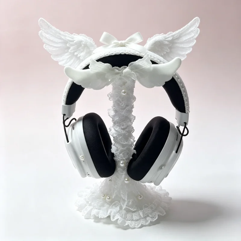 Handmade White Lace Angel Wings Headphone Stand Cute Bow Pearl Decor Headset Holder Gaming Desktop Display Rack For Earphones