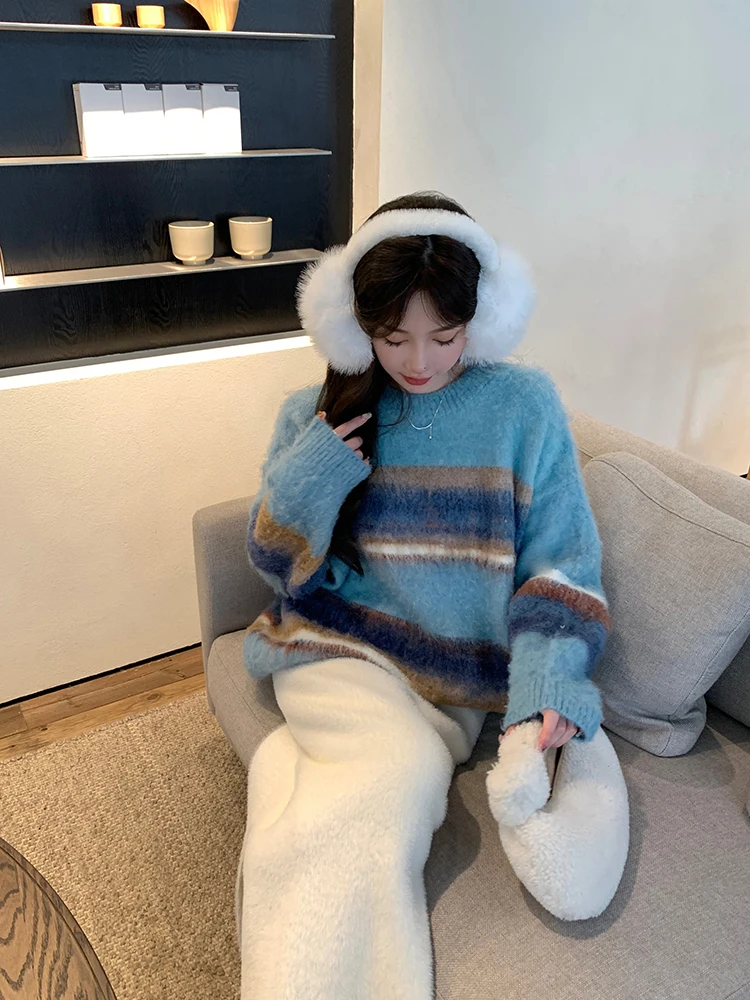 

Chen DaYu Women's Thiened Knitted Sweater Stripe Loose Lazy Sle Outerwear Autumn Winter Korean Sle round Ne Long Sve