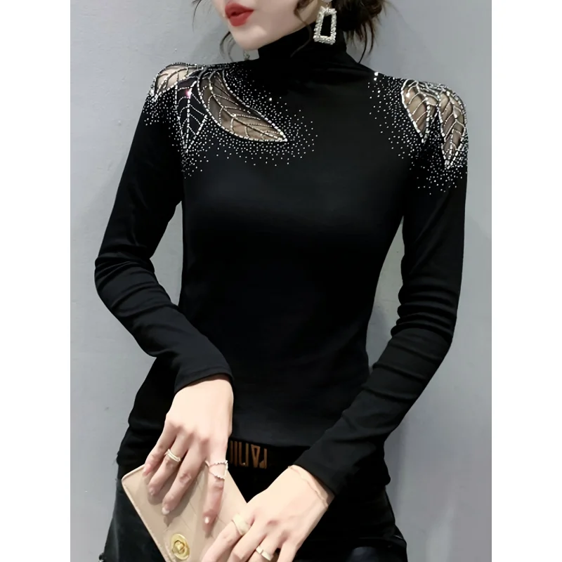 

A Must-have Fashion! A Solid-colored Turtleneck Long-sleeved Top, with Mesh Splicing and-studded