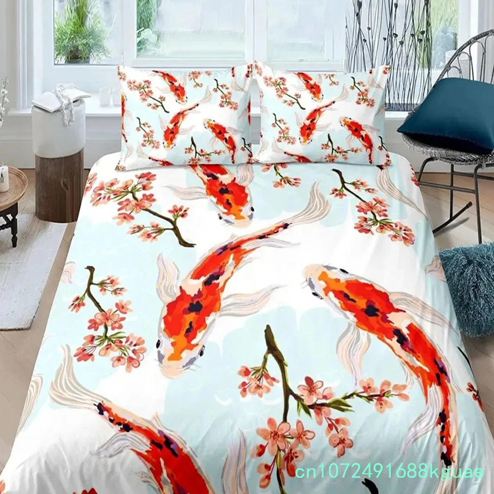 Koi Fish Duvet Cover Set King Size Oriental Asian Culture Lotus Bedding Set Microfiber Twin Cloud Quilt Cover For Girl Farmhouse