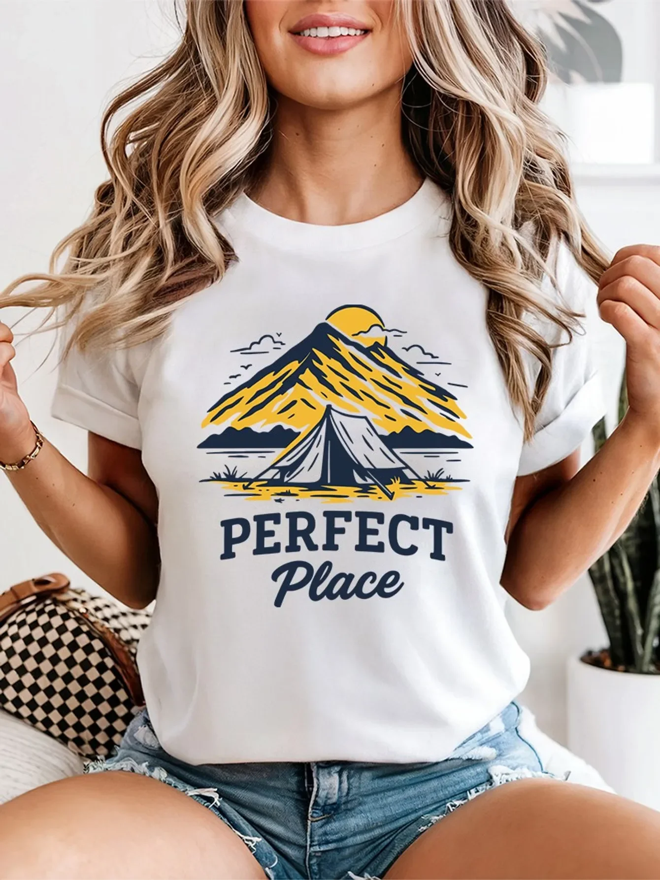 Cute Perfect Place Mountain Tent Sun Camping Nature Art Print Graphic Ladies T Shirt Short Sleeve Crew Neck Casual Tee Tops