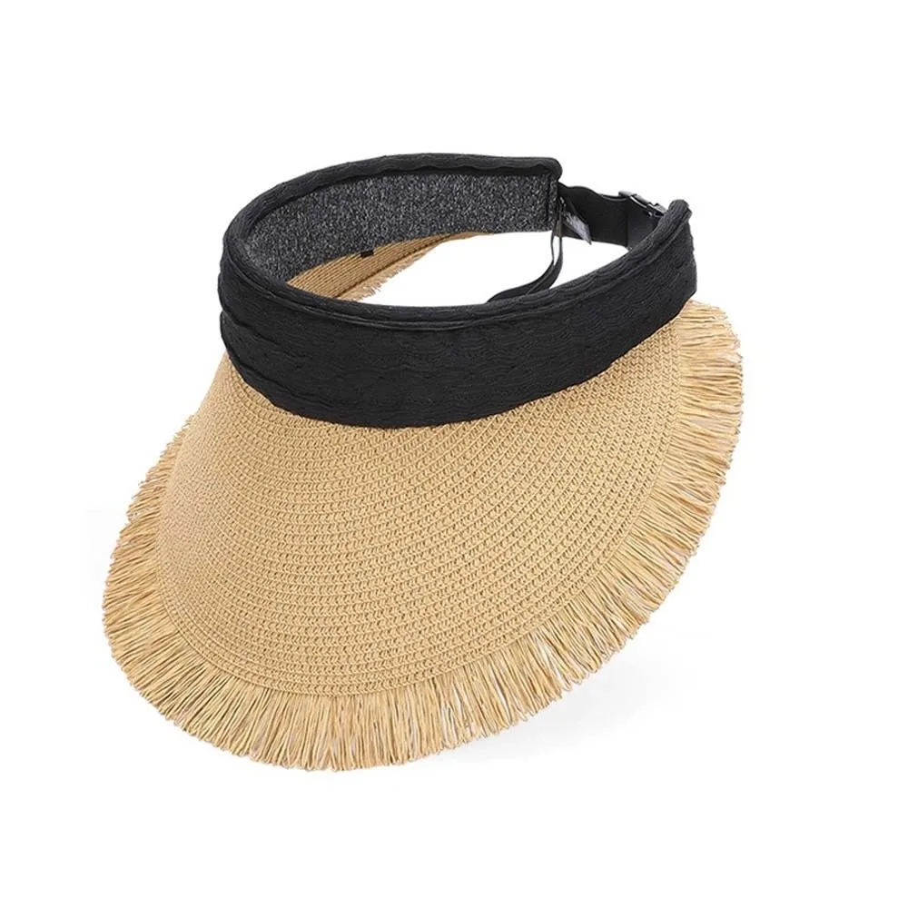 

Portable Straw Visor Cap Breathable Polyester Wide Brim Woven Cap Lightweight Versatile Sunscreen Empty Top Hat Travel